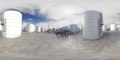 Wall Mural - spherical panorama of the oil refinery, chemical production, waste processing plant, exterior visualization, 3D illustration