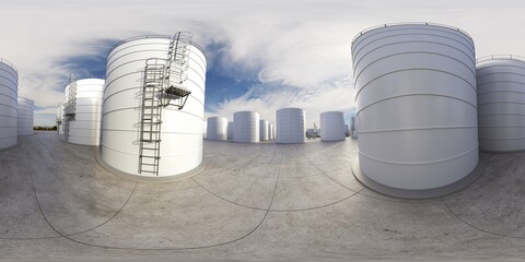 Wall Mural - spherical panorama of the oil refinery, chemical production, waste processing plant, exterior visualization, 3D illustration