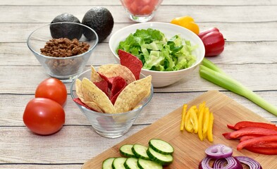 Simple healthy fresh organic ingredients ready to assemble tasty delicious homemade meal kit tacos for ethnic Mexican food at home