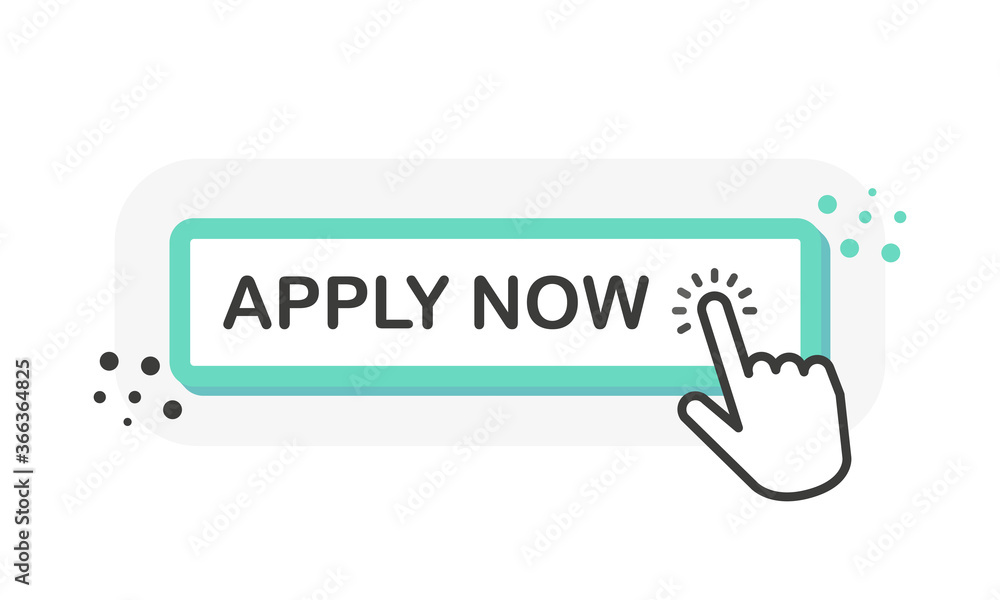 APPLY NOW green 3D button with hand pointer clicking. White background ...
