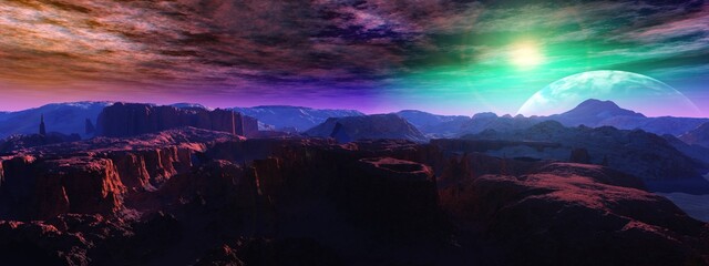 Wall Mural - alien landscape, a panorama of a surface of another planet at sunrise,	3D rendering