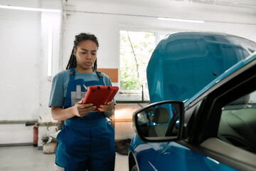 Wall Mural - Young african american woman, professional female mechanic using tablet pc, while standing near blue car with open hood at auto repair shop