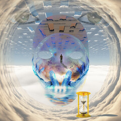 Canvas Print - Man in clouds tunnel, God's face. 3D rendering