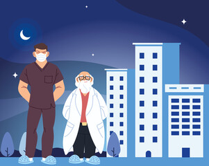 Wall Mural - men doctors with masks in front of hospital building vector design