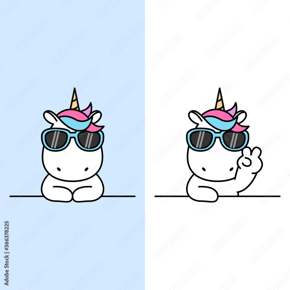 Cute unicorn with sunglasses over wall cartoon, vector illustration - obrazy, fototapety, plakaty 