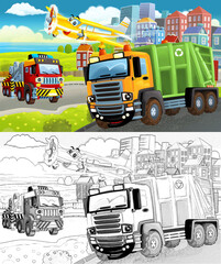 Wall Mural - cartoon scene with sketch of the middle of a city with car driving by - illustration