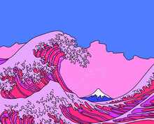 Great Wave In Vaporwave Pop Art Style. View On Ocean's Crest Leap Toward The Sky. Stylized Vector Line Art 
Illustration Of 19th Century Japanese Print. 