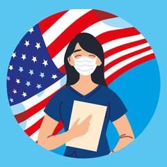 Wall Mural - Woman doctor with medical mask and usa fag vector design