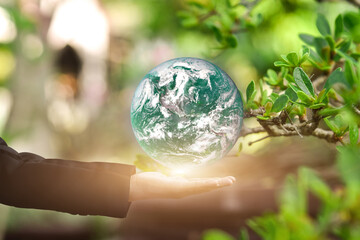 Canvas Print - environment concept: businessman hand holding earth global over green bokeh background. elements of 