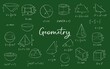 © Buch&Bee - Geometric shape chalk sketches on blackboard, vector education and back to school background. Math formulas, equation, diagrams and proof, circles, squares, spheres and triangles on chalkboard