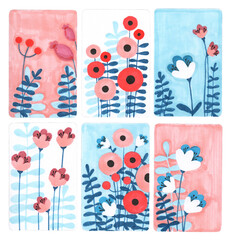 Set of hand drawn illustrations of cute pink turquoise flowers for postcards