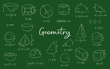 Geometric shape chalk sketches on blackboard, vector education and back to school background. Math formulas, equation, diagrams and proof, circles, squares, spheres and triangles on chalkboard