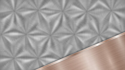 Background consisting of a silver shiny metallic surface and one polished bronze plate located in corner, with a metal texture, glares and burnished edge