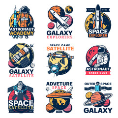 space astronaut, spaceship and planet vector icons. galaxy exploration satellite, rocket and spacema