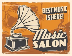 Wall Mural - Retro gramophone and drum vector poster of music salon. Vinyl record player and percussion musical instrument with treble clef grunge design of music shop or club party promotion