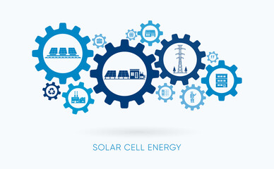 solar cell energy, solar cell power plant with gear icon