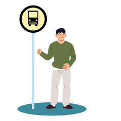 Sticker - man cartoon at the bus stop vector design