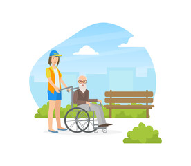 Sticker - Female Volunteer Helping to Disabled Elderly Man in Wheelchair, Volunteering, Charity, Supporting People Concept Vector Illustration