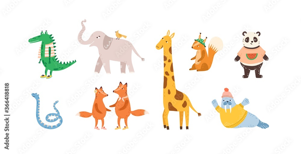Set of childish cute animal characters. Design, decoration, decorative element. Funny panda, walrus, crocodile, elephant, fox, squirrel, giraffe. Flat vector cartoon illustration isolated on white - obrazy, fototapety, plakaty 