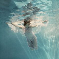 Wall Mural - Portrait of a girl in a blue dress under water  