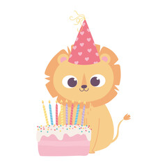 Wall Mural - happy birthday, cute little lion with hat and cake celebration decoration cartoon