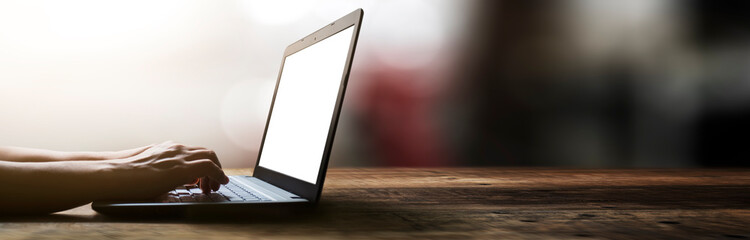 panoramic, man on your laptop closely. worked from home / shopping online. easy modification
