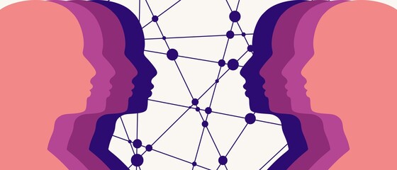 Silhouette of a men head. Human communication. Connected lines with dots background.