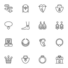 Fashionable jewelry collection, line icons set, outline vector symbol collection, linear style pictogram pack. Signs, logo illustration. Set includes icons as diamond ring, earrings , accessories