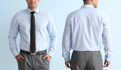 Wall Mural - Young businessman in stylish shirt on color background. Front and back view