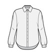 © Vectoressa - Classic shirt technical fashion illustration with button down front opening, round collar, long sleeves with cuff, oversized body. Flat apparel template front grey color. Women, men unisex CAD mockup