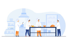 Chefs, Cooks And Waiters Working At Restaurant Kitchen Isolated Flat Vector Illustration. Cartoon Professional And Commercial Cooking Process. Hospitality And Food Concept