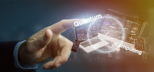 Wall Mural - businessman holding quantum computing concept with qubit and devices 3d rendering