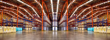 Warehouse Industrial And Logistics Companies. Commercial Warehouse. Huge Distribution Warehouse With High Shelves. Bottom View.