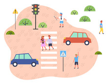 Illustration Of Road Traffic. Traffic Controller Regulates Motion, Children Walk Along Pedestrian Crossing. Streetlight, Roadway Signs, Crossway, Vehicle. Educational Material For Kids About Safety