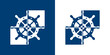 Logotipo estilo nautical. Icono plano timón dividido en bloques cuadrados en color azul marino y blanco