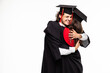© F8  \ Suport Ukraine - Happy graduated young students couple hugging isolated on white background