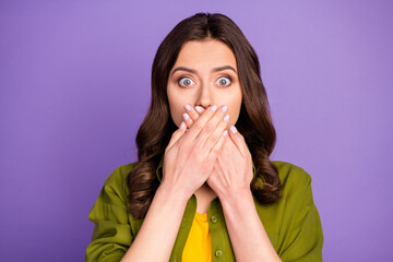 Sticker - Portrait of anxious amazed girl suddenly tell best friends private secret close cover hands mouth lips wear good look clothes isolated over violet color background