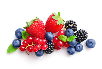 Poster - Pile of assorted wild fresh berries isolated on white background. Top view.