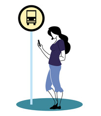 Sticker - Young woman staying at the bus stop with the cell phone