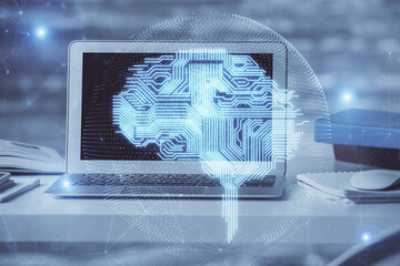 Aufkleber - Multi exposure of work table with computer and brain hologram. Brainstorm concept.