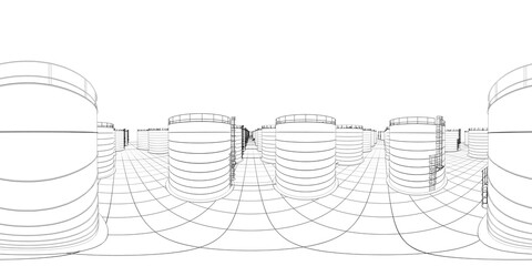 Canvas Print - spherical panorama of the oil refinery, chemical production, waste processing plant, contour visualization, 3D illustration, sketch, outline