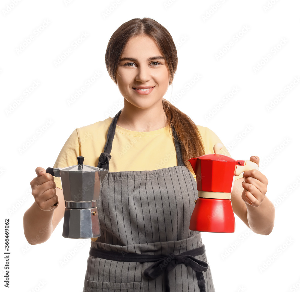 Female barista on white background