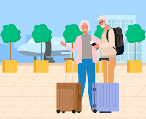 Couple of elderly people with suitcases on wheels standing near airport. Old travelers on holiday. Smiling grandparents on vacation vector illustration