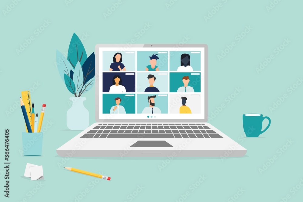 people connecting together, learning or meeting online with teleconference, video conference remote working on laptop computer, work from home and work from anywhere concept, flat vector illustration - obrazy, fototapety, plakaty 