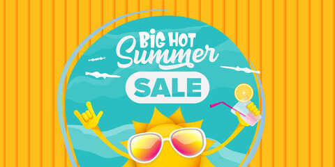 summer sale cartoon horizontal web banner or vector label with happy sun character wearing sunglasses and holding cocktail isolated on horizontal background