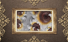 3d Illustration, Brown Textured Background With Ornament, Gold Frame With Oil Painting Sunflowers