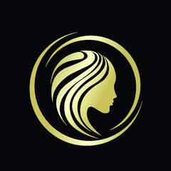 Wall Mural - Woman with long, wavy hair.Beauty salon and Hairstyle studio logo.Beautiful young female.Cosmetics and spa icon.Profile view portrait silhouette.Blonde girl face.Circular emblem frame.Golden color.