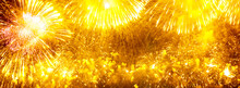Wide Festive Background With Yellow Fireworks