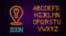 Glowing neon line Location key icon isolated on brick wall background. The concept of the house turnkey. Neon light alphabet. Vector.