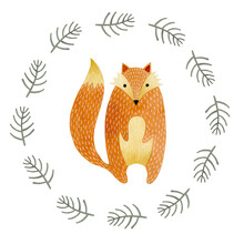 Watercolor Fox In A Circle Of Branches For Postcard Decoration.